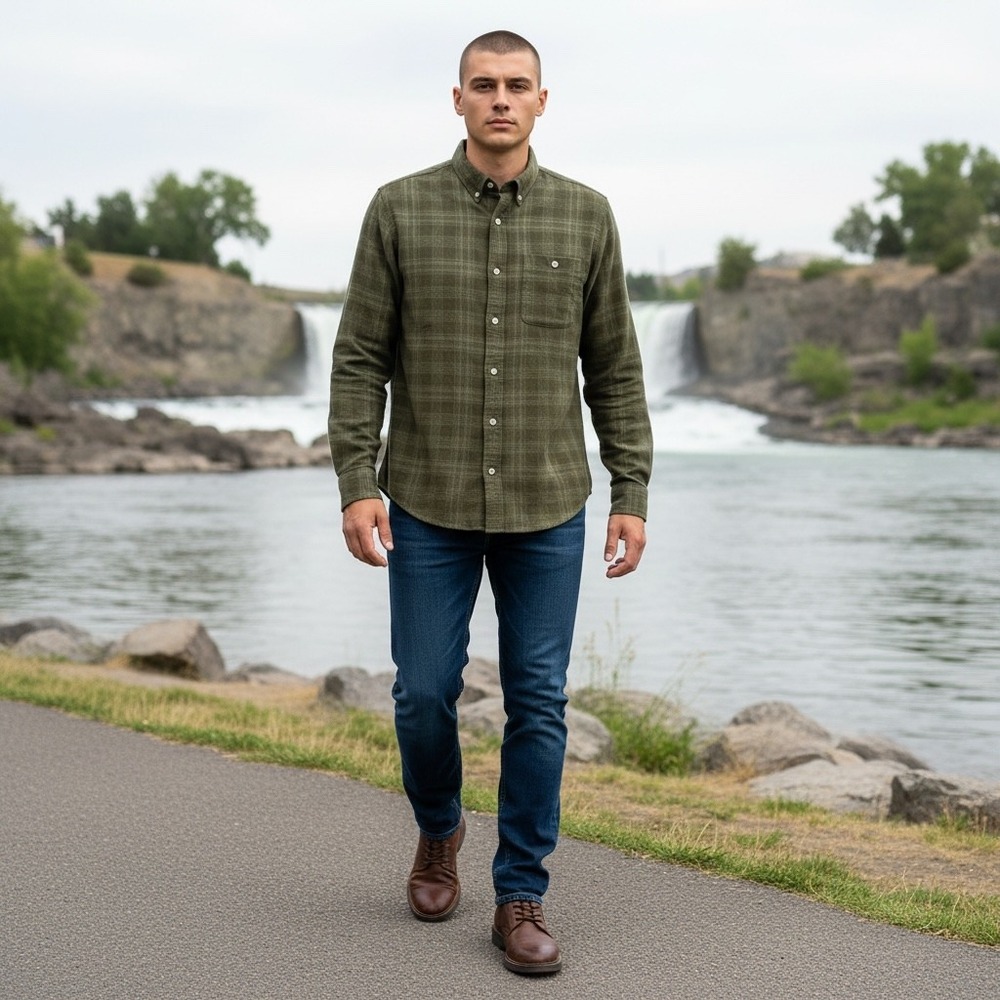 Buck Mason Mens Olive Green Plaid Cotton Long Sleeve Button Down Shirt M BM13025